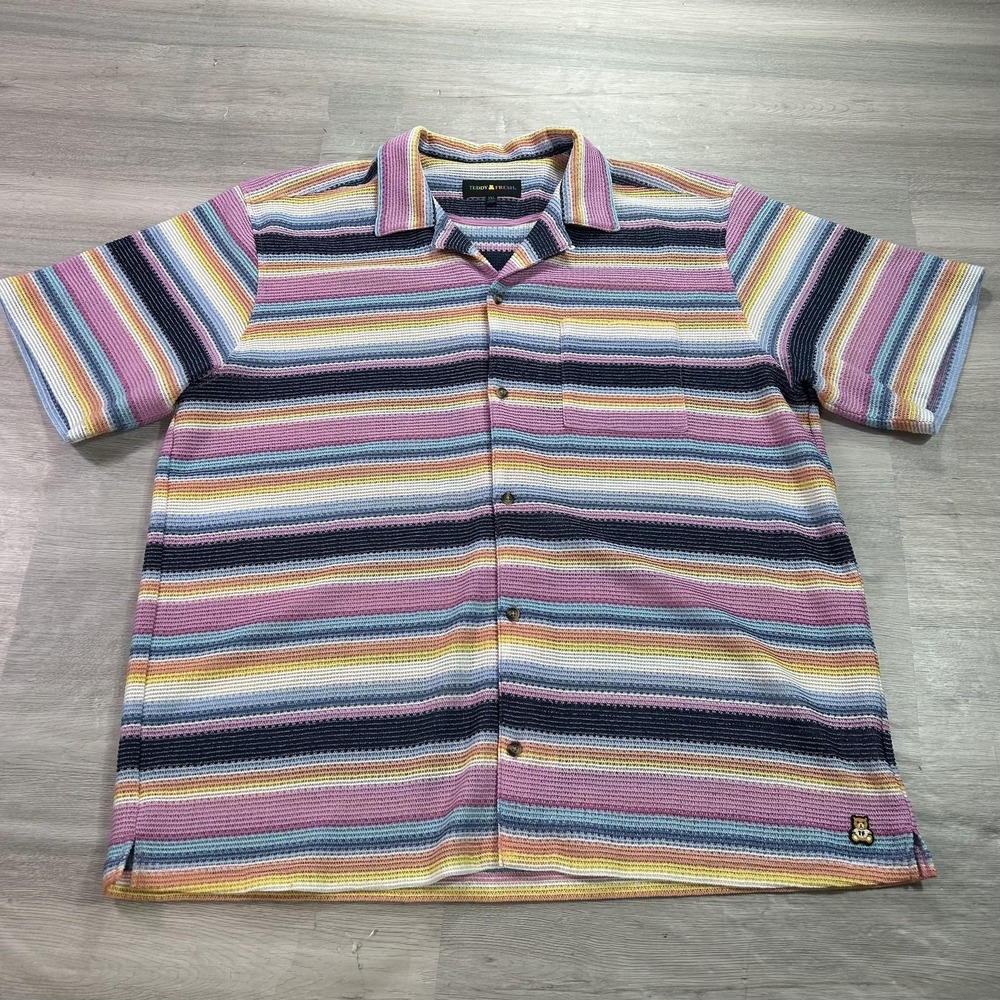 Teddy Fresh Shirt Mens 3XL Multicolor Striped Short Sleeve Button Up Teddy Bear